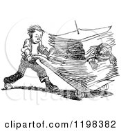 Clipart Of A Black And White Vintage Boy Pushing A Man In A Stack Of Paperwork Royalty Free Vector Illustration