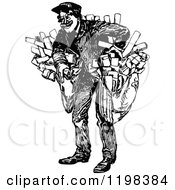 Clipart Of A Black And White Vintage Happy Post Man Royalty Free Vector Illustration