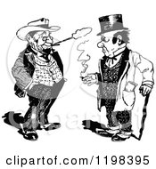 Clipart Of Black And White Vintage Two Men Smoking And Talking Royalty Free Vector Illustration