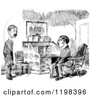 Clipart Of Black And White Vintage Two Men Talking By A Desk Royalty Free Vector Illustration