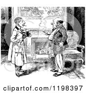Clipart Of Black And White Vintage Two Men Smoking And Talking By A Fireplace Royalty Free Vector Illustration