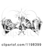 Clipart Of Black And White Vintage Two Men Talking And Drinking At A Table Royalty Free Vector Illustration