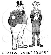 Clipart Of Black And White Vintage Two Men Talking 3 Royalty Free Vector Illustration