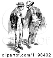 Clipart Of Black And White Vintage Two Men Talking 4 Royalty Free Vector Illustration