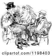 Clipart Of Black And White Vintage Two Men Talking At A Table Royalty Free Vector Illustration