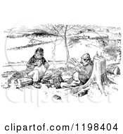 Clipart Of Black And White Vintage Two Men Talking And Reading Outdoors Royalty Free Vector Illustration
