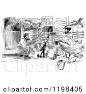 Clipart Of Black And White Vintage Two Men Talking In A Yard Royalty Free Vector Illustration