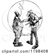 Clipart Of Black And White Vintage Two Men Talking 7 Royalty Free Vector Illustration