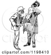 Clipart Of Black And White Vintage Two Men Talking 9 Royalty Free Vector Illustration