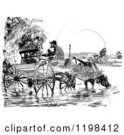 Clipart Of Black And White Vintage Two Men Talking At A Horse Cart In The Water Royalty Free Vector Illustration