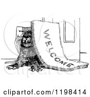 Clipart Of A Black And White Vintage Man Under A Welcome Mat Royalty Free Vector Illustration