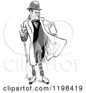 Clipart Of A Black And White Vintage Man Holding A Stick Royalty Free Vector Illustration