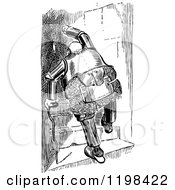 Poster, Art Print Of Black And White Vintage Chubby Old Knight Climbing Stairs With A Cane