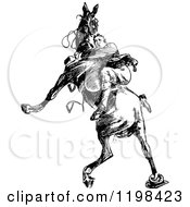Clipart Of A Black And White Vintage Man Riding A Wild Horse Royalty Free Vector Illustration