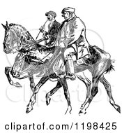 Clipart Of Black And White Vintage Men On Horses Royalty Free Vector Illustration