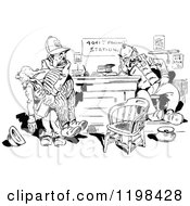 Clipart Of A Black And White Vintage Policeman Carrying A Drunkard To A Station Royalty Free Vector Illustration