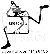 Clipart Of A Black And White Vintage Ink Man Running With A Sketch Book Royalty Free Vector Illustration by Prawny Vintage