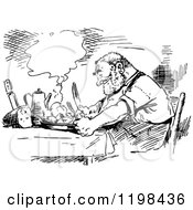 Poster, Art Print Of Black And White Vintage Happy Hungry Man At A Table