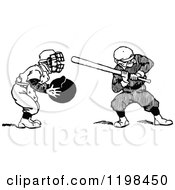 Clipart Of A Black And White Vintage Baseball Batter And Catcher Royalty Free Vector Illustration by Prawny Vintage