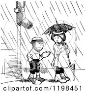 Poster, Art Print Of Black And White Vintage Boy And Girl With An Umbrella In The Rain