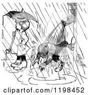 Clipart Of A Black And White Vintage Boy And Girl In The Rain Royalty Free Vector Illustration by Prawny Vintage