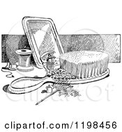 Clipart Of A Black And White Vintage But With A Scythe On A Brush Royalty Free Vector Illustration