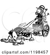 Clipart Of A Black And White Vintage Bug On A Fly Cart Royalty Free Vector Illustration