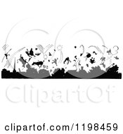 Clipart Of Black And White Vintage Silhouetted Animals And People In An Explosion Royalty Free Vector Illustration