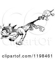 Clipart Of A Black And White Vintage Tortoise Biting A Dogs Tail Royalty Free Vector Illustration