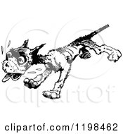 Clipart Of A Black And White Vintage Scared Running Dog Royalty Free Vector Illustration