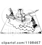 Clipart Of A Black And White Vintage Bottle Of Ink And Ants Royalty Free Vector Illustration