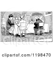Clipart Of A Black And White Vintage People Dining Royalty Free Vector Illustration