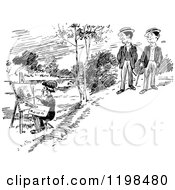 Clipart Of A Black And White Vintage Artist Painting A Landscape And Men Watching Royalty Free Vector Illustration