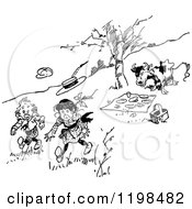 Clipart Of A Black And White Vintage Cow Chasing Kids Away From A Picnic Royalty Free Vector Illustration by Prawny Vintage