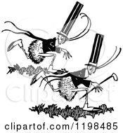 Clipart Of Black And White Vintage Running Gentleman Ants Royalty Free Vector Illustration