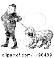 Poster, Art Print Of Black And White Vintage Boy With A Stubborn Dog On A Leash