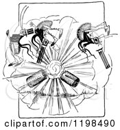 Clipart Of A Black And White Vintage Exploding Firework And Bugs Royalty Free Vector Illustration