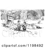 Poster, Art Print Of Black And White Vintage Danger Thin Ice Sign By Children And A Pond