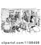 Clipart Of A Black And White Vintage Busy Shop Royalty Free Vector Illustration