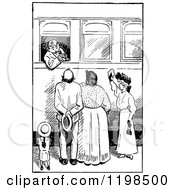 Clipart Of A Black And White Vintage Family Saying Good Boy To A Boy At A Train Station Royalty Free Vector Illustration