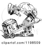 Clipart Of A Black And White Vintage Monkey Pushing A Chest On A Dolly Royalty Free Vector Illustration