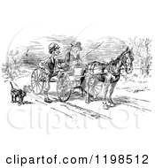 Clipart Of A Black And White Vintage Dog By Men In A Horse Cart Royalty Free Vector Illustration