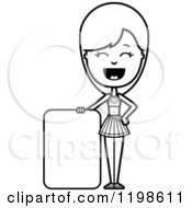 Black And White Happy Cheerleader By A Sign Royalty Free Vector Clipart