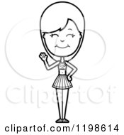 Black And White Waving Friendly Cheerleader Royalty Free Vector Clipart