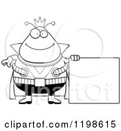 Black And White Happy Chubby Martian Alien King By A Sign Royalty Free Vector Clipart