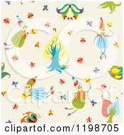 Poster, Art Print Of Seamless Pattern Of Forest Fairies Over Beige