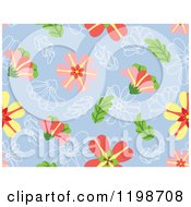 Poster, Art Print Of Seamless Pattern Of Flowers And Outlines Over Blue