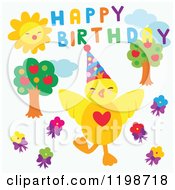 Poster, Art Print Of Chick With Trees Sun Flowers And Happy Birthday Text