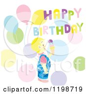 Poster, Art Print Of Blond Boy With Ice Cream Balloons Dots And Happy Birthday Text