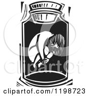 Clipart Of A Scared Girl In A Jar Black And White Woodcut Royalty Free Vector Illustration by xunantunich